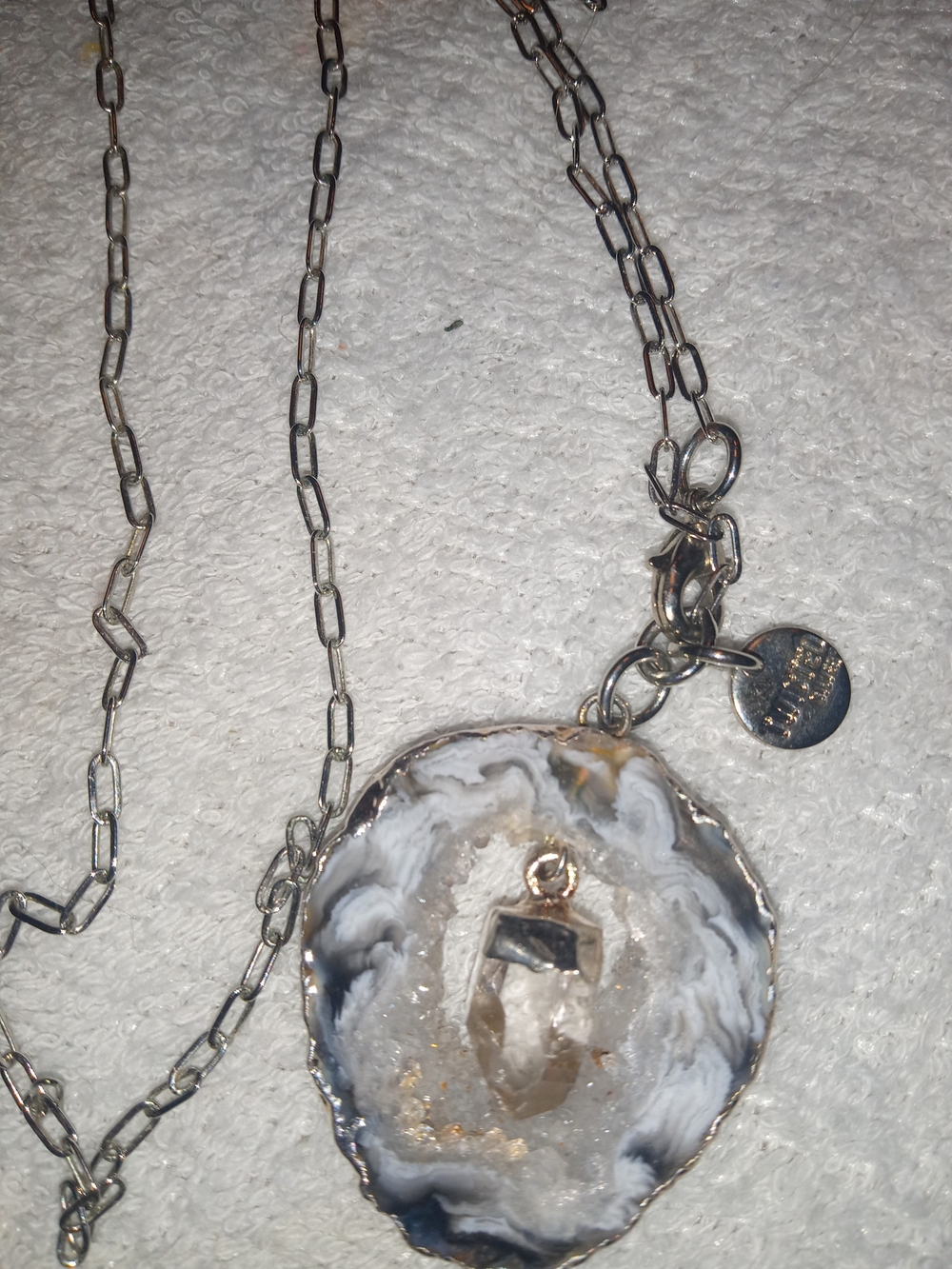 Twisted Sister White and Gray Agate Geode Pendant Necklace - Silver Tone